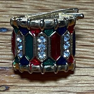 Gold-Tone Multi-Color Enamel with Rhinestones Drum Brooch